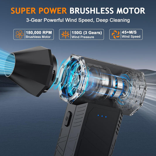 Compressed Air Duster - 180000RPM Powerful Electric Air Duster, 3 Gear Adjustable Cordless Air Blower, Rechargeable Dust Cleaner for Keyboard, Computer, Home, Outdoor, Car