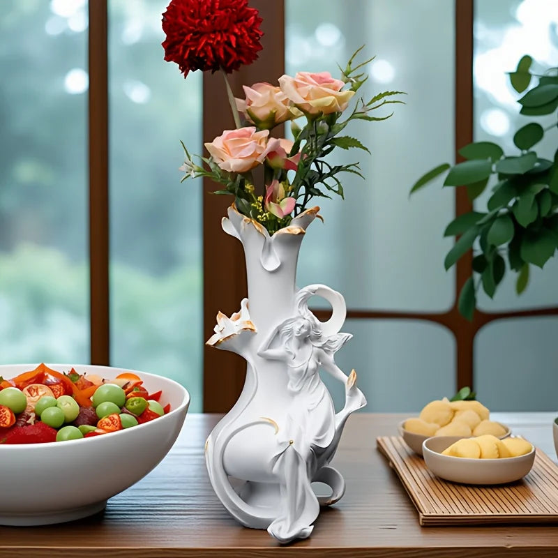 A Decorative Vase Featuring a Girl Sitting Sideways, Made of Resin with a Modern Design