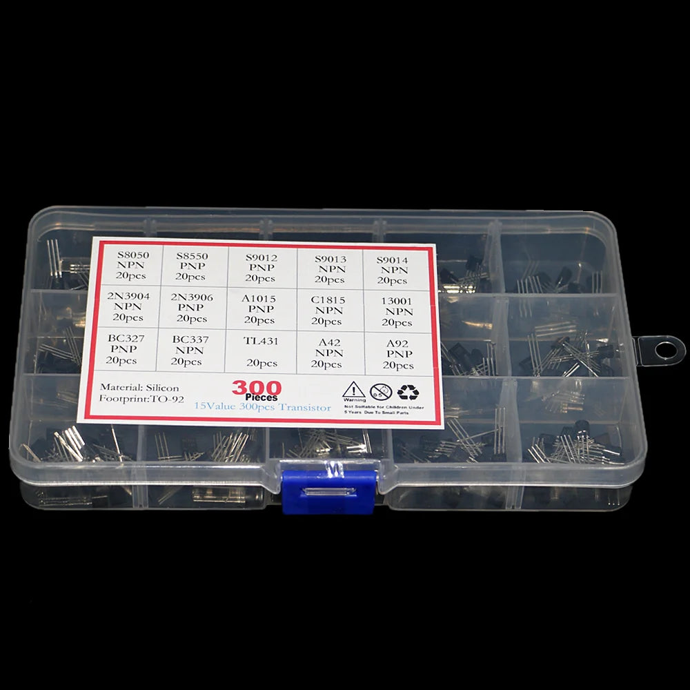 300pcs 15 Values Transistor Assorted Kit TO-92 S9012 S9013 S9014 S8050 S8550 2N3904 2N3906 BC327 BC337 TL431 MPSA42 MPSA92 A1015