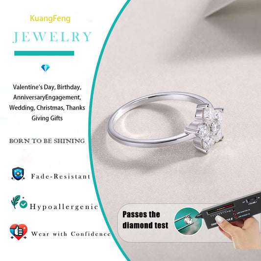 Floral Cluster Setting 0.53CTW Moissanite Ring Elegant 925 Sterling Silver & 18K Gold Plated Gift for Women