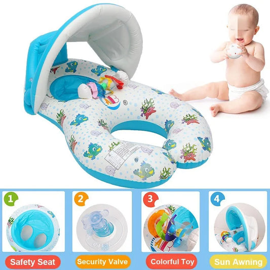 Baby Kids Inflatable Swimming Ring With Awning Safety Mother Children Double Swim Circle Safety Float Seat Pool Toys
