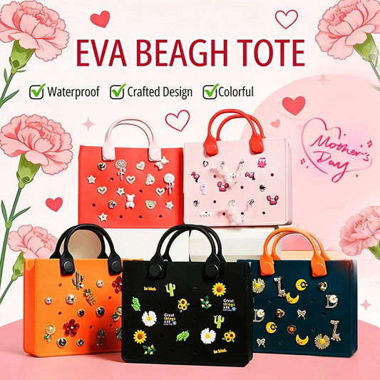 Custom Logo EVA Tote Bag Waterproof Washable Beach Bag for Women Wholesale Large Rubber Handbag with Holes DIY Charms Ready