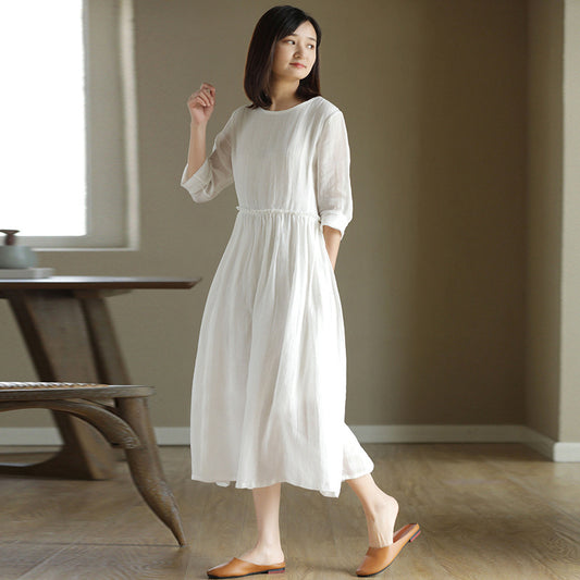 2023 New Summer Cotton Linen dress Women's High Waist Slimming Artistic Loose Retro Seven-Sleeve Round Neck Dress