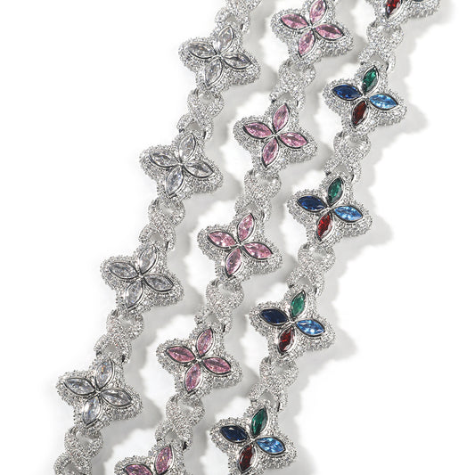 Hip-Hop Rap Chain Infinite Four-Leaf Clover Bracelet Fashionable Trendy Cool Handsome High-End 5A Zircon Colorful Necklace Jewelry