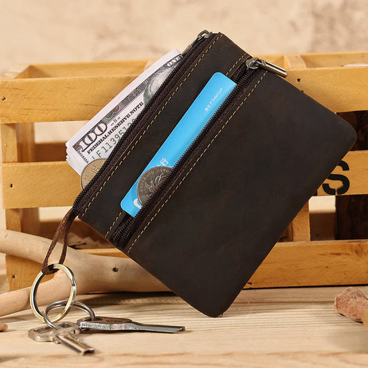 Cross-Border Crazy Horse Leather Short Coin Purse Card Holder, Lightweight Portable Coin Storage Bag, Small Wallet, Genuine Leather Vintage Bag