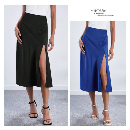 High-Waist Satin Skirt Slit Long Skirt Satin Skirt Spring New Lady Style European and American Large Hem Skirt Direct Sale