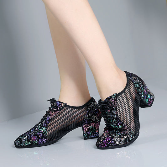 Leather Dance Shoes Latin Dance Shoes Adult Women's Middle-heel Teacher Shoes Cowhide Modern Dance Shoes Square Dance