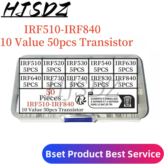 50 Uds 10 tipos Kit surtido de transistores Mosfet IRF640 IRF740 IRF830 IRF840 IRF530 IRF630 IRF820 IRF510 IRF520 IRF540 Series