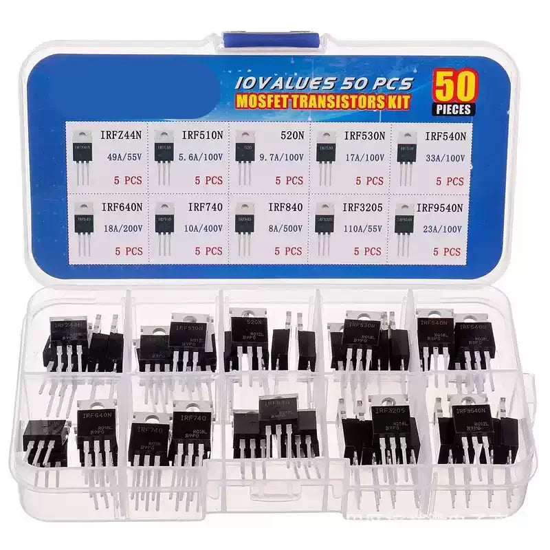 50PCS TO-220 MOSFET Transistor Kit IRFZ44N IRF510N IRF540N Assorted N-Channel Power MOS Tube Electronic Components Set