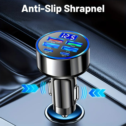 6-in-1 Fast Charging Car Adapter 3.1A Dual Type-C Digital Display Smartphones Tablets Power Banks Black Portable Charger