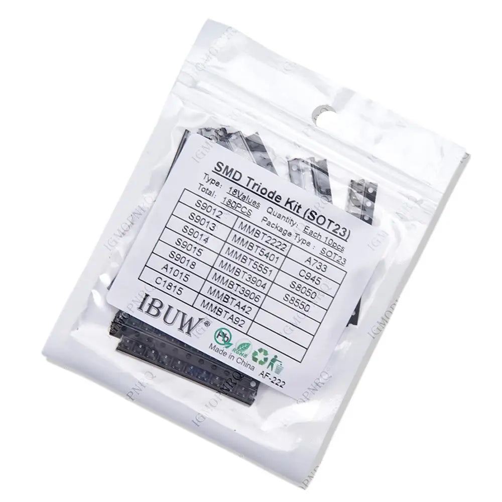 Transistor Assorted Kit (SOT-23) 18kinds*10pcs=180pcs 2N2222 S9013 S9014 S9015 S9018 S8050 S8550 5551 5401 2N3904 2N3906 C1815