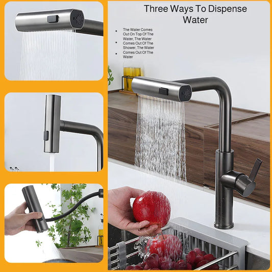 Kitchen Washbasin Faucet Four Gears Hot And Cold Sink Faucet Telescopic Waterfall Pullout Faucet Splash-Proof Various Countertop