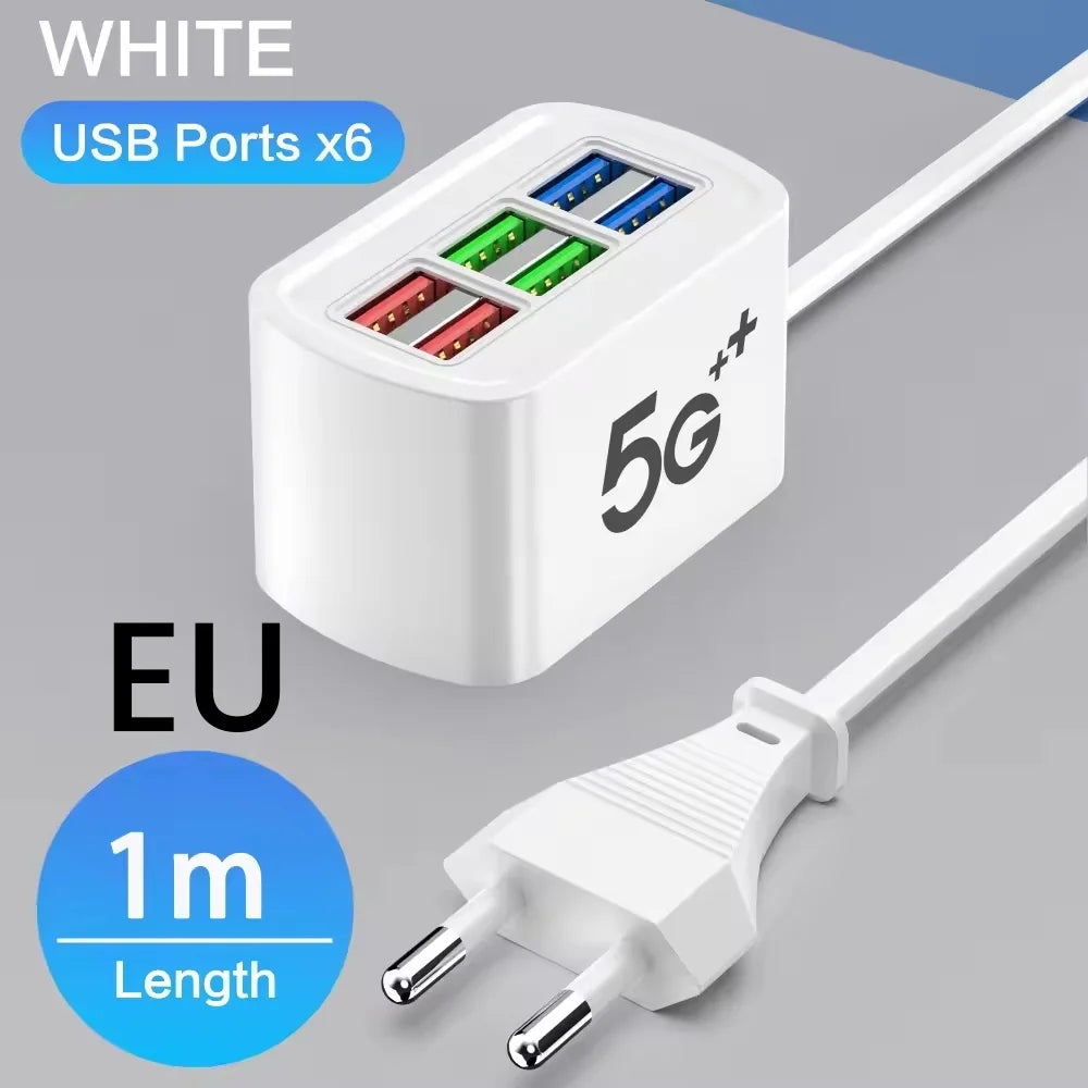 6 USB Charger Power Strip Universal Fast Charging EU/US Plug Phone Charger Adapter Electric Socket Extension Cable Table Socket