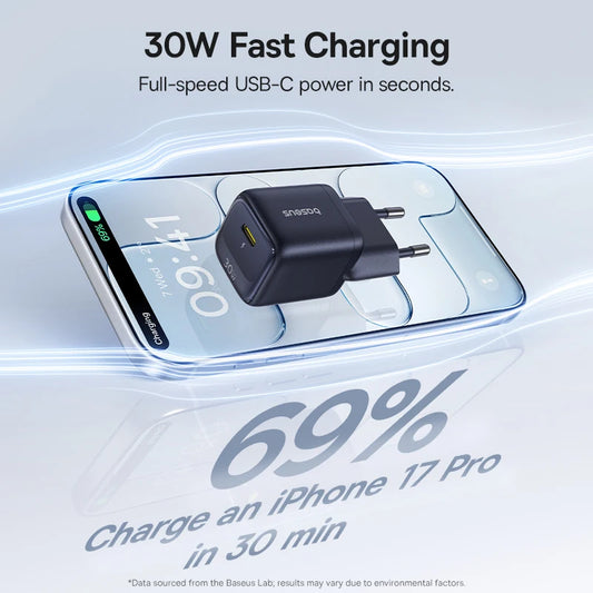 Baseus 30W GaN Charger PD Charger For iPhone 17 16 15 14 13 12 Max Fast Charger PD3.0 QC3.0 Phone Charger Type C Tablets Charger