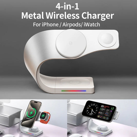 Wireless Charger Stand Metal Shell Magnetic 15W Fast Charging Station Stand for iPhone 12-17 Mobile Phones Airpods Watch 4 in 1