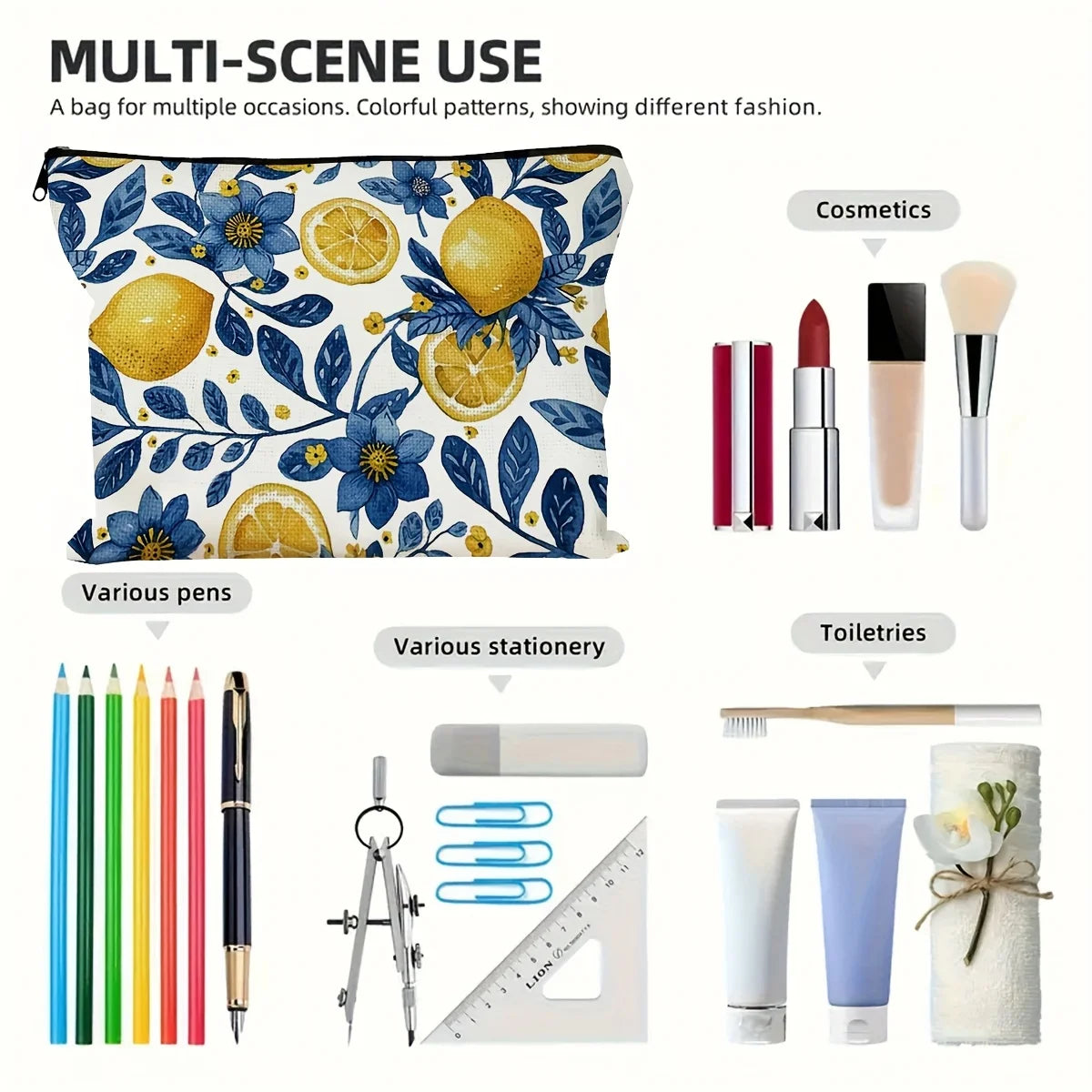 A Lemon-patterned makeup bag - cute multifunctional zipper pouch for women, jewelry storage bag