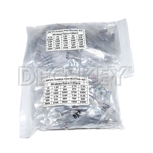 Resistor Kit 1W 2W 3W 5W 5% 30Kinds X 10PCS Carbon Film Resistance 0.1-750 ohm Set 1k-820K 30Kinds X 5PCS