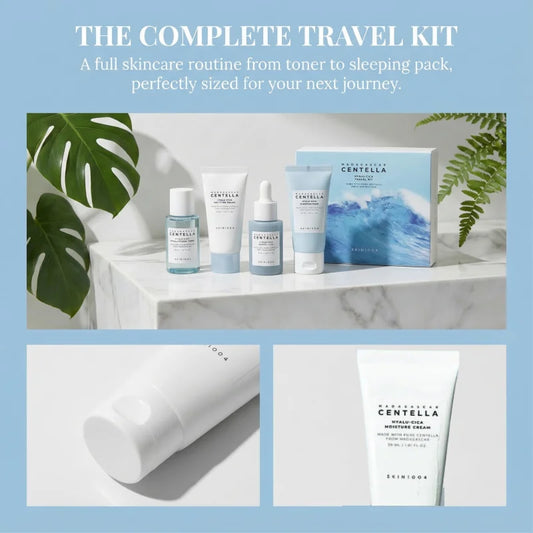 Centella HyaluCica Travel Kit,Brightening Toner, Blue Ampoule Serum,Night Sleeping Pack and Moisturizer Cream Skincare Mini Set
