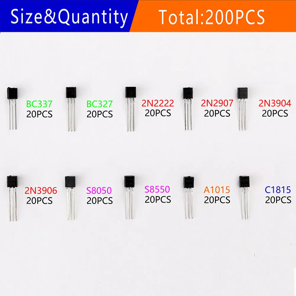 200Pcs Transistor Kit 2N2222 2N2907 2N3904 2N3906 BC327 BC337 S8050 S8550 A1015 C1815 PNP/NPN 10 Values TO-92 Transistors Set