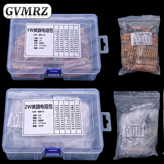 60Values 1W 2W 3W 5W 5% Carbon film resistors kit dip 0.1R 100R 200R 300R 1K 2K 3K Resistor 3W 5W 0.1R-3K