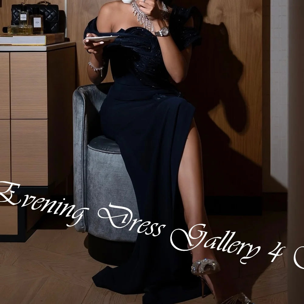 Customized Delicate Sequined Ruched Boat Neck Floor Length Side Slit платье вечернее Jersey Off The Shoulder Vestidos