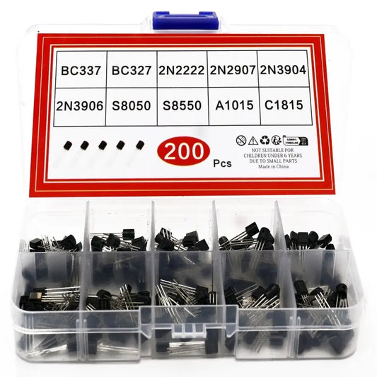 200Pcs Transistor Kit 2N2222 2N2907 2N3904 2N3906 BC327 BC337 S8050 S8550 A1015 C1815 PNP/NPN 10 Values TO-92 Transistors Set