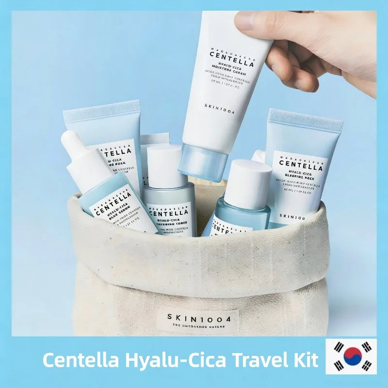 Centella HyaluCica Travel Kit,Brightening Toner, Blue Ampoule Serum,Night Sleeping Pack and Moisturizer Cream Skincare Mini Set