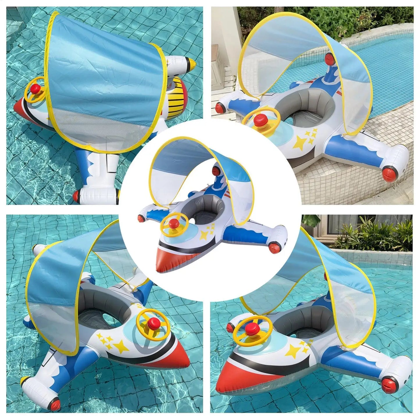 Baby Pool Float Baby Swimming Pool Floats Airplane Shape Inflatable Raft with Sun Protection Canopy Water Toys for Kids Ages 1-6