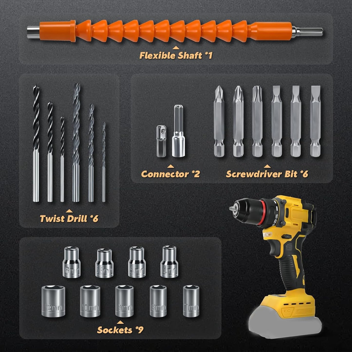 Cordless Drill Driver, Electric Drill for Dewalt 20V Battery, Brushless Driver with 2 Variable Speeds, 25+1 Torque, 3/8" Keyless Chuck, 60N.M for Home Repairing(No Battery)