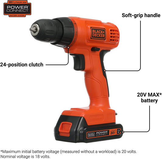 BLACK+DECKER 20V MAX* POWERCONNECT Cordless Drill Driver Kit with Drill Bit Set and Sockets, 100 Pc. Tool Kit for Home, Battery and Charger Included ,Orange (BDC120VA100)