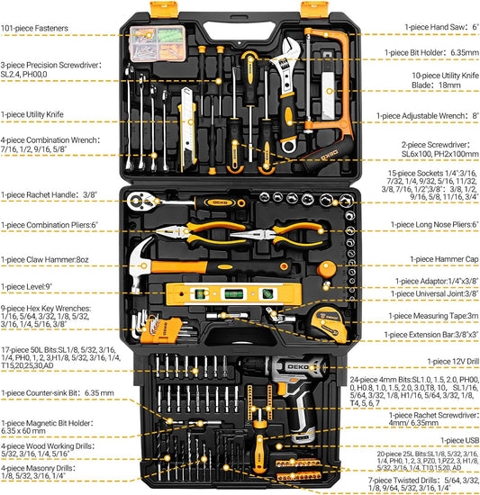 Tool Kit Box Drill Set: Home Mechanic Toolbox with 12V Power Cordless Drill Hand Repair Tools Sets Combo Kits Storage Organizer Drawer Case for Men