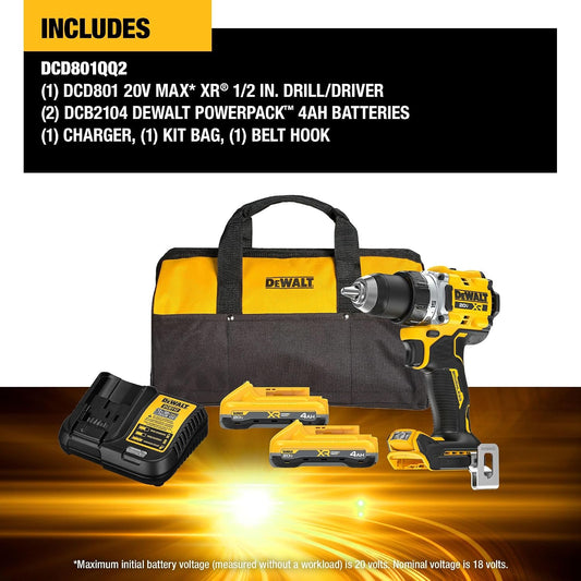 DEWALT 20V MAX XR Brushless Cordless 1/2 In. Drill Driver Kit with DEWALT POWERPACK Batteries and Charger (DCD801QQ2)