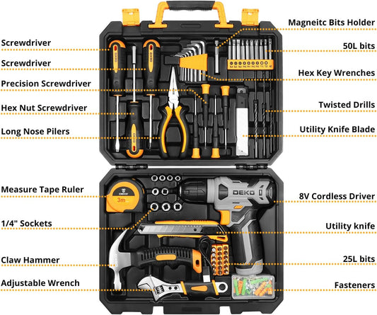 Tool Set:Tool Kit with 8V Cordless Drill,Tool Box with Drill,Hand Drill Set for Men & Women,Home Tool Kits for House Repair,Handyman,Diy 126 Piece