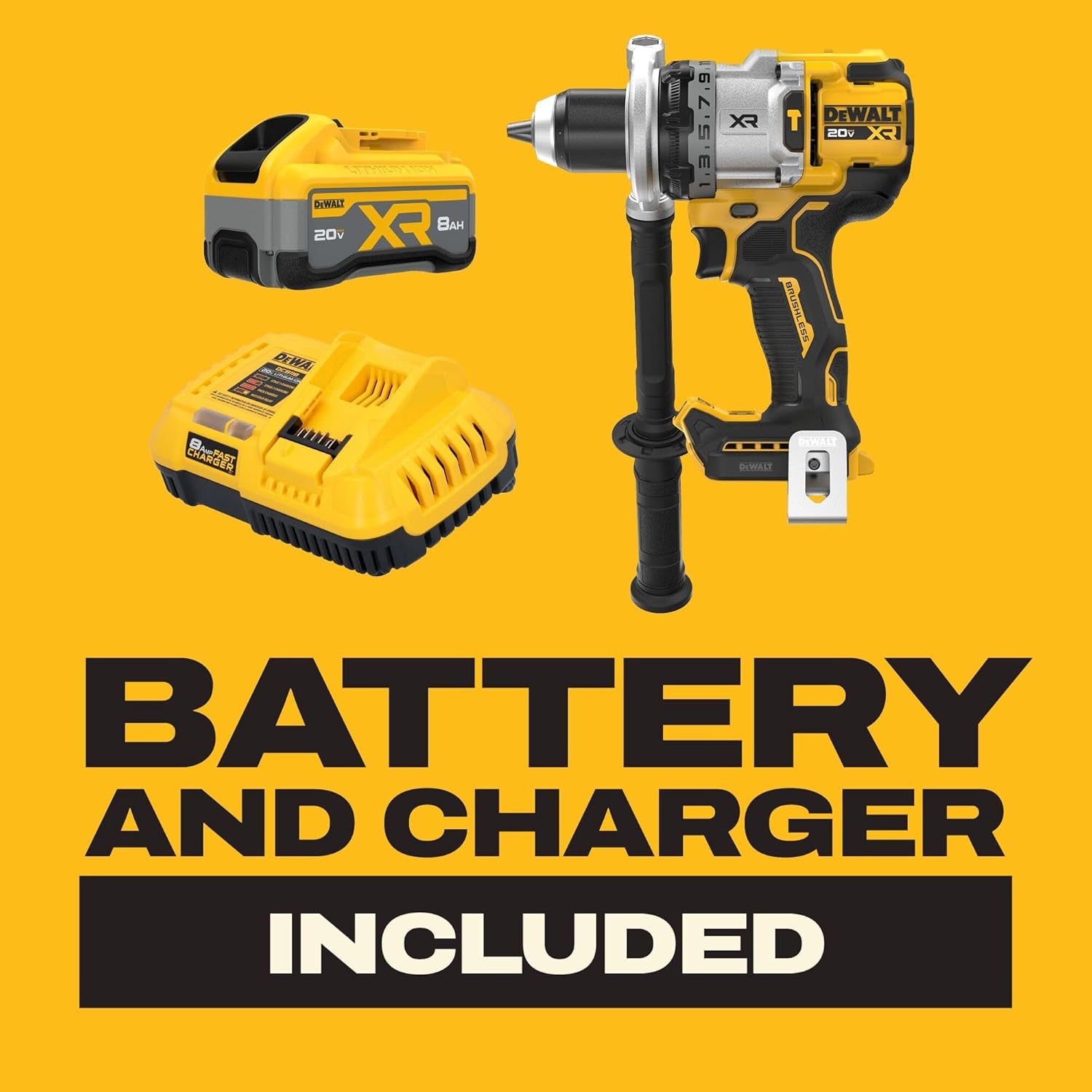 DEWALT 20V MAX XR 1/2 Inch Brushless Cordless Hammer Drill Kit with 8AH Battery and Charger, 3 Speed (DCD1007WW1)