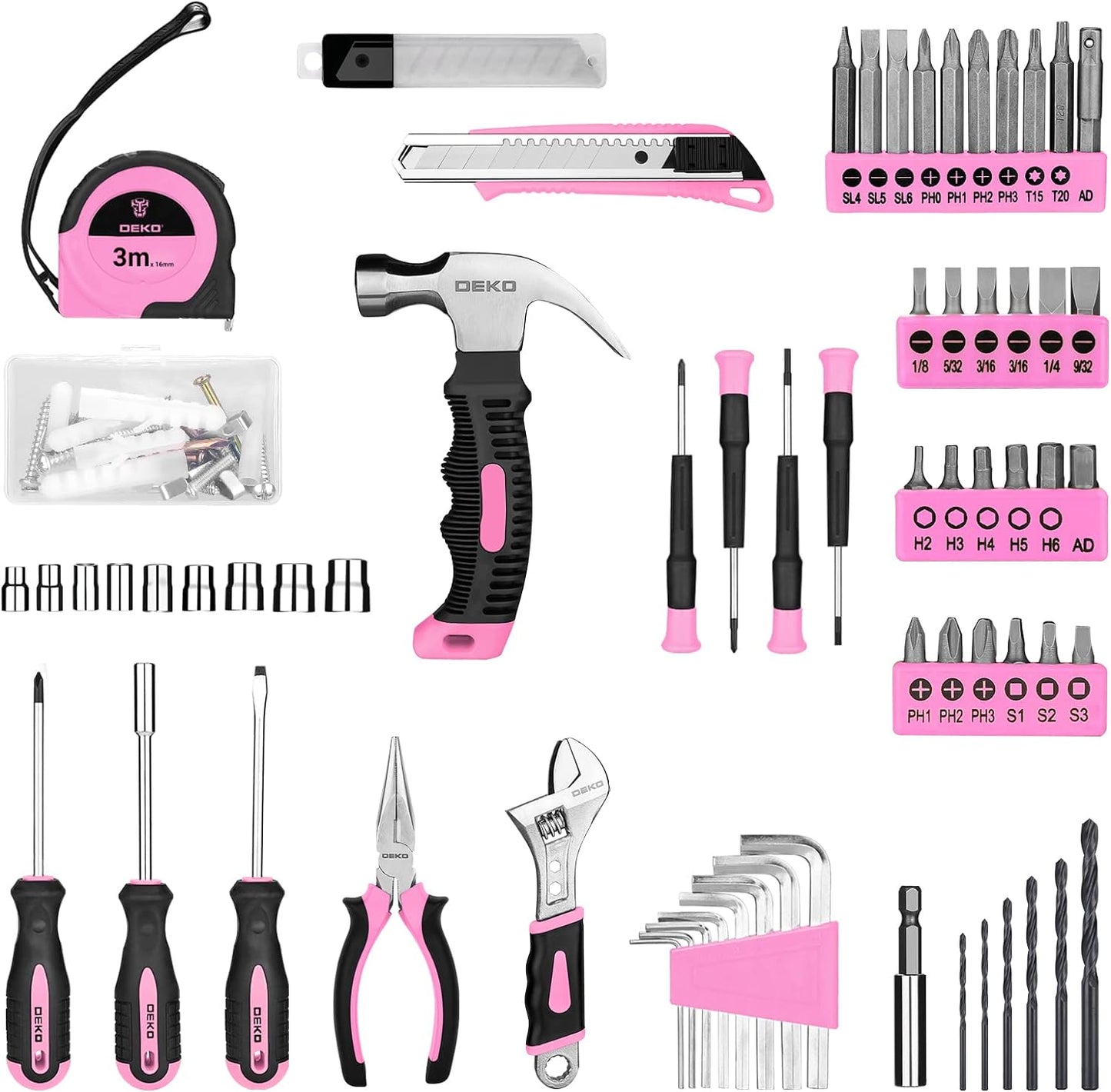 Drill Set, Home Tool Set with 8V Pink Cordless Drill, Hand Tool Kit for Women, 126 Pcs