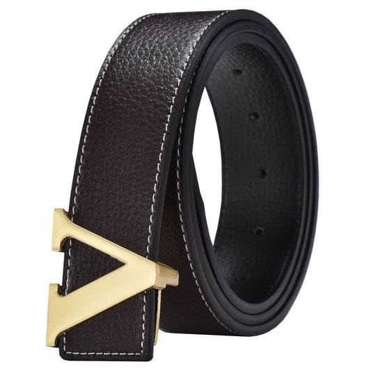 Foreign Trade Men's Belt Genuine Leather Smooth Buckle Belt Korean Style Fashion Letter V Genuine Leather Trouser Belt Men's Belt