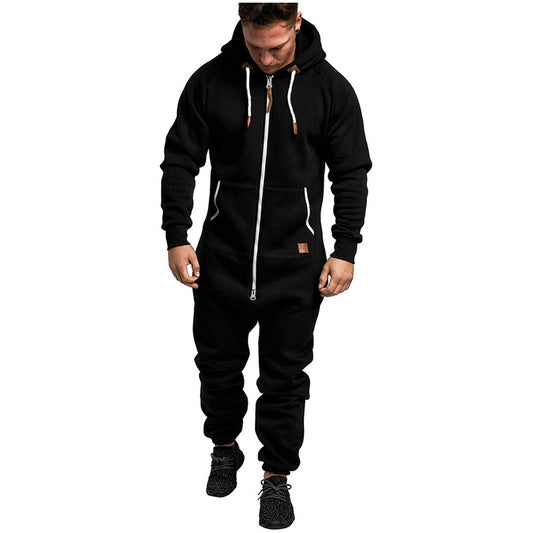 In-Stock New Foreign Trade Men's Hooded Fleece Jumpsuit Solid Color Casual Men's Suit Jumpsuit