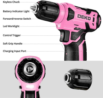 Drill Set, Home Tool Set with 8V Pink Cordless Drill, Hand Tool Kit for Women, 126 Pcs