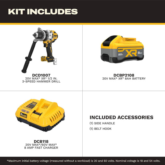 DEWALT 20V MAX XR 1/2 Inch Brushless Cordless Hammer Drill Kit with 8AH Battery and Charger, 3 Speed (DCD1007WW1)