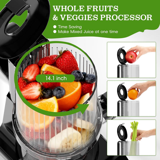 Cold Press Juicer, Wide Feed Chute Juicer Machines, Stainless Steel Slow Masticating Juicers Easy to Clean, Vegetables & Fruits Juice Extractor, High Juice Yield, Silver Knob