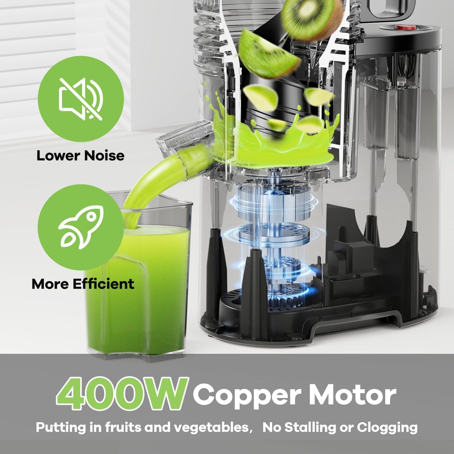 Cold Press Juicer, 5.8" Wide Feed Chute Juice Extractor Machine with 400W, High Juice Yield, Slow Masticating Juicer for Whole Vegetables & Fruits, Silver