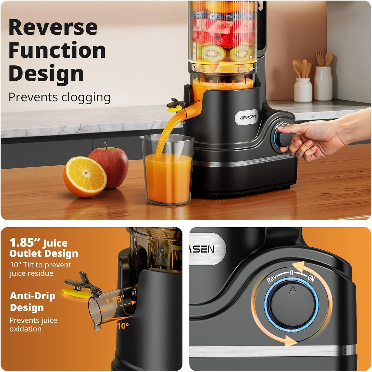 Juicer Machines, 5.8" Feed Chute Cold Press Juicer for Whole Fruit and Vegetable, 2.2 Qt Auto-Feed Time-Saver, 7+1-Stage New Upgraded Auger Slow Masticating High Yield, Easy to Clean Black