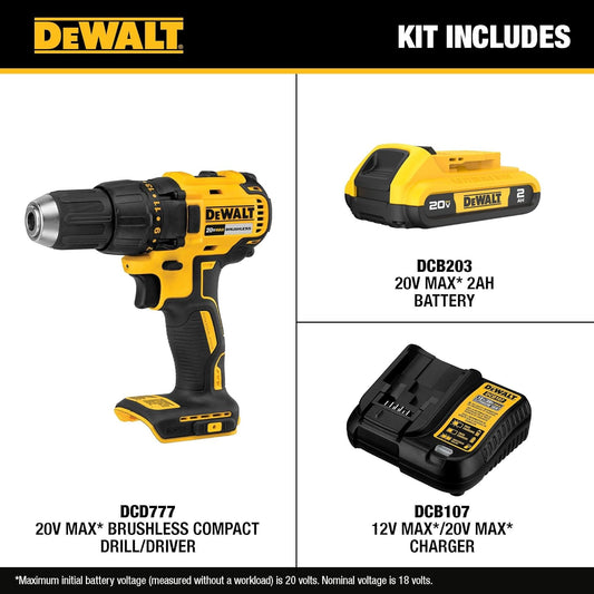 DEWALT 20V MAX Cordless Drill Driver Set, Electric Drill, Brushless 1/2 in 2 Speed, 2.0 Ah Battery and Charger Included, LED Light (DCD777D1)