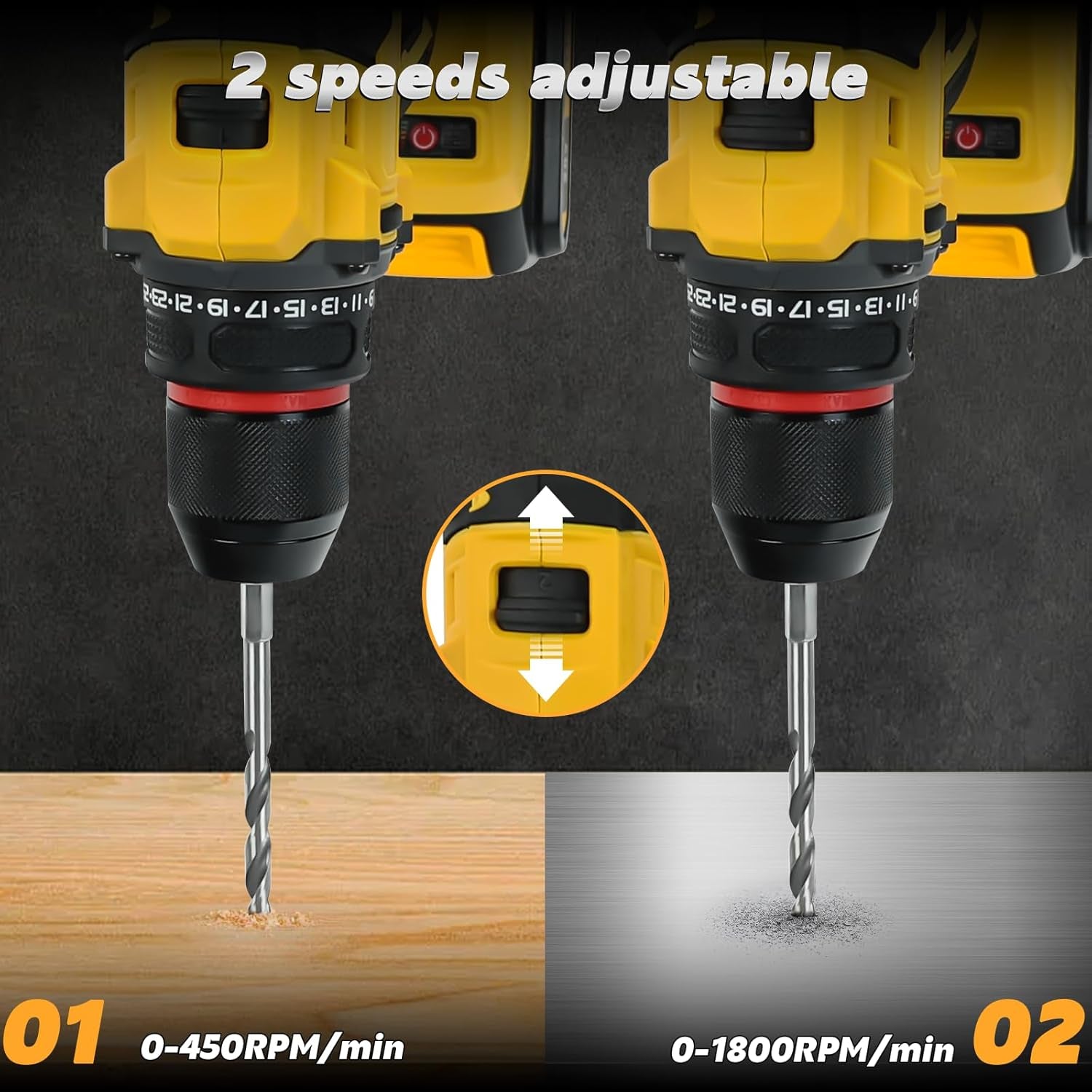 Cordless Drill Driver, Electric Drill for Dewalt 20V Battery, Brushless Driver with 2 Variable Speeds, 25+1 Torque, 3/8" Keyless Chuck, 60N.M for Home Repairing(No Battery)