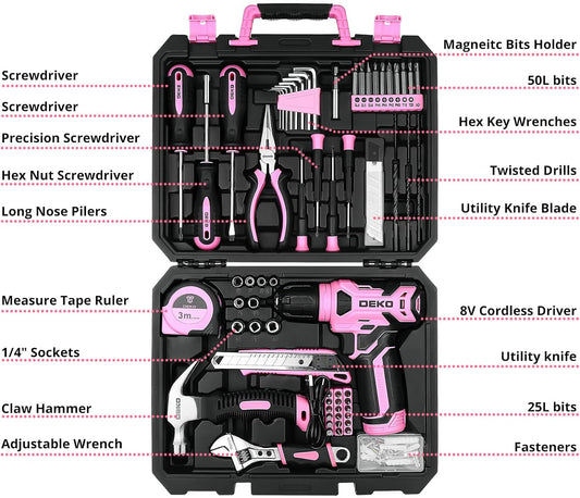 Drill Set, Home Tool Set with 8V Pink Cordless Drill, Hand Tool Kit for Women, 126 Pcs