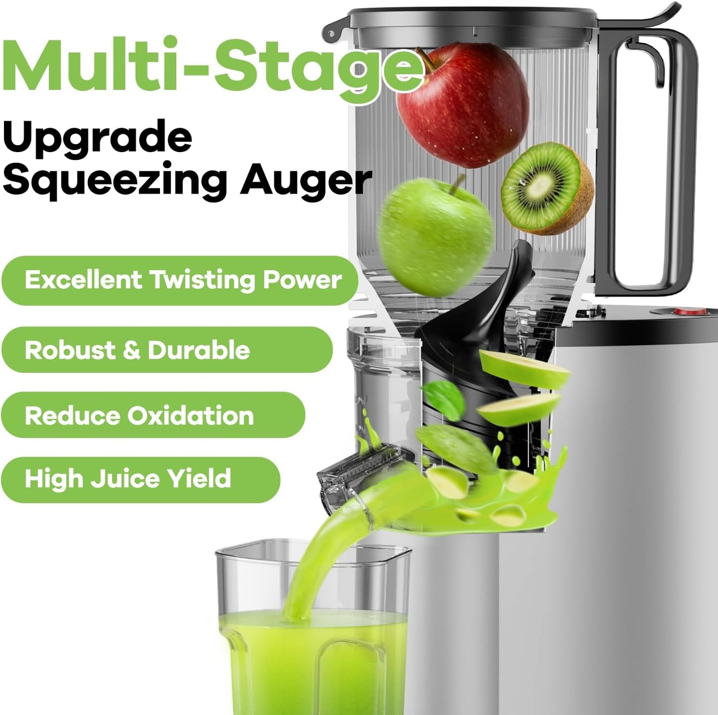 Cold Press Juicer, 5.8" Wide Feed Chute Juice Extractor Machine with 400W, High Juice Yield, Slow Masticating Juicer for Whole Vegetables & Fruits, Silver