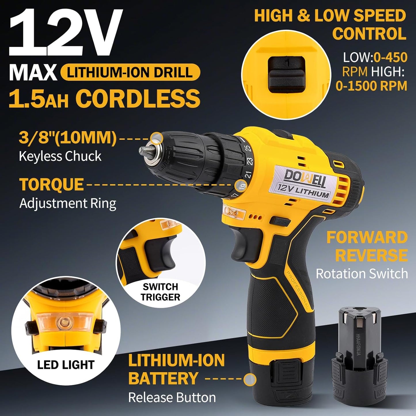 223-Piece Power Drill Tool Set, 12V Cordless Drill Driver Kit with Drawer Toolbox, Socket & Bit Set, Hex Keys, Wrench for Home Renovation, DIY Projects & Garage Use
