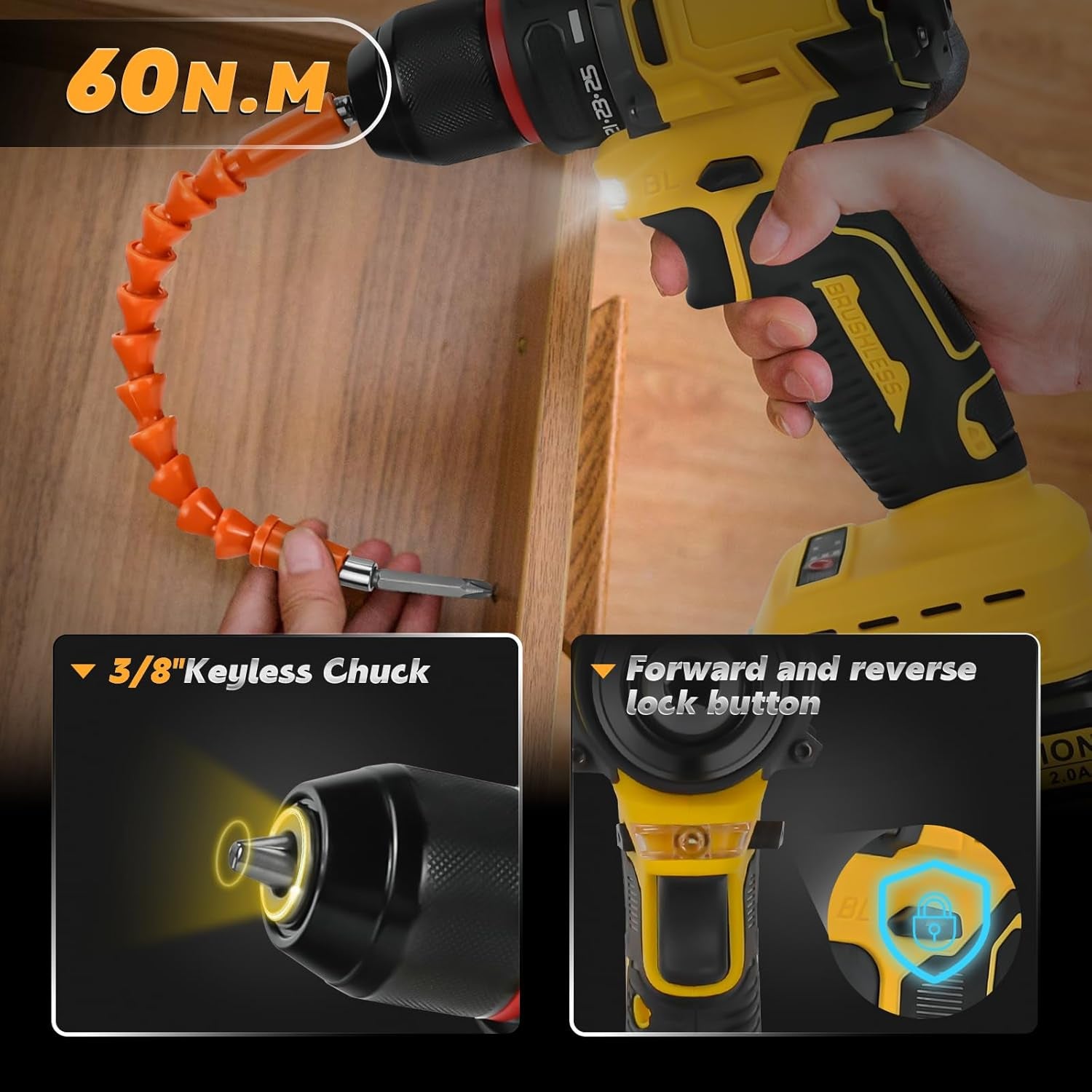 Cordless Drill Driver, Electric Drill for Dewalt 20V Battery, Brushless Driver with 2 Variable Speeds, 25+1 Torque, 3/8" Keyless Chuck, 60N.M for Home Repairing(No Battery)