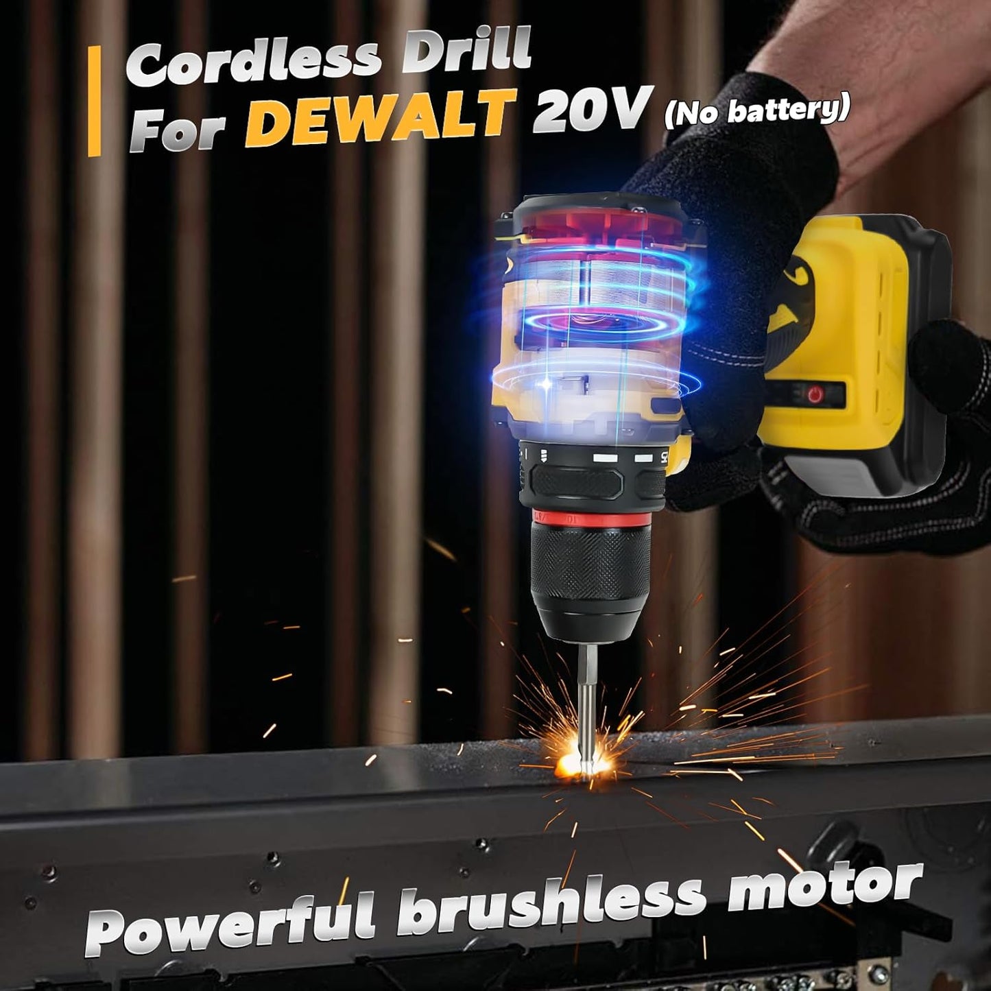 Cordless Drill Driver, Electric Drill for Dewalt 20V Battery, Brushless Driver with 2 Variable Speeds, 25+1 Torque, 3/8" Keyless Chuck, 60N.M for Home Repairing(No Battery)