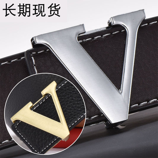 Foreign Trade Men's Belt Genuine Leather Smooth Buckle Belt Korean Style Fashion Letter V Genuine Leather Trouser Belt Men's Belt